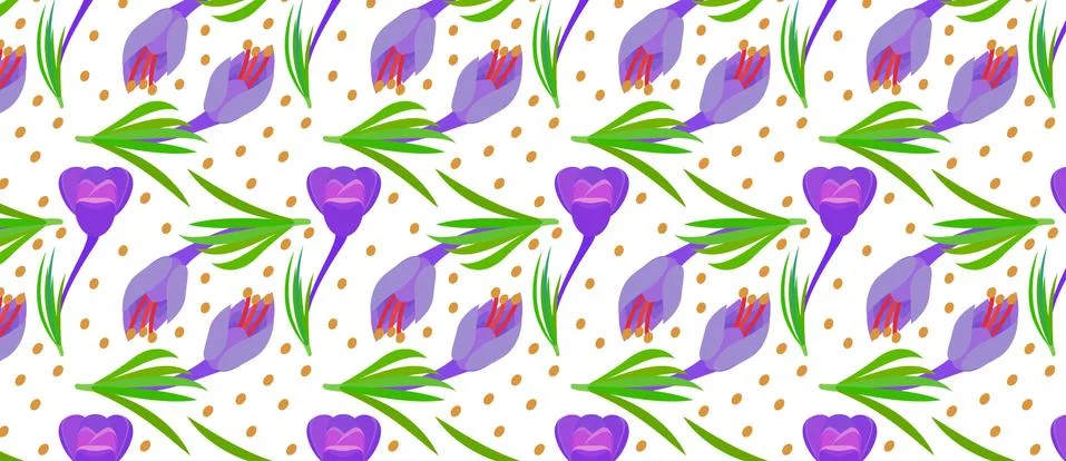 Pattern with Crocus and yellow circles Violet flowers with green leaves. イラスト素材