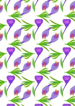 Pattern with Crocus and yellow circles Violet flowers with green leaves. 库存插图