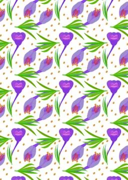 Pattern with Crocus and yellow circles Violet flowers with green leaves. Stock Illustration