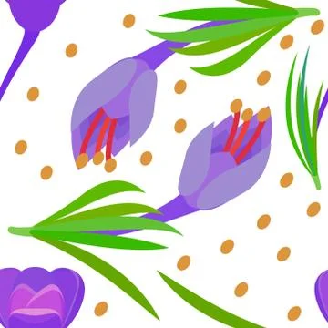 Pattern with Crocus and yellow circles Violet flowers with green leaves. イラスト素材