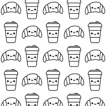 Pattern of croissant breads with drinks kawaii style イラスト素材