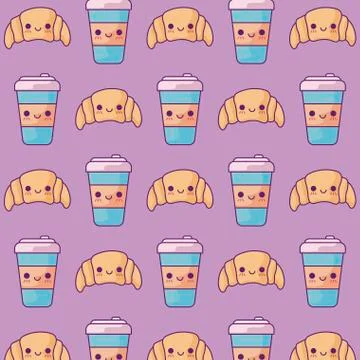 Pattern of croissant breads with drinks kawaii style イラスト素材