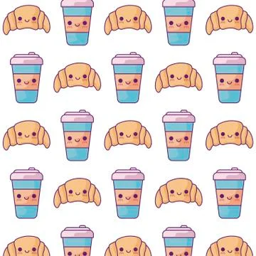Pattern of croissant breads with drinks kawaii style イラスト素材
