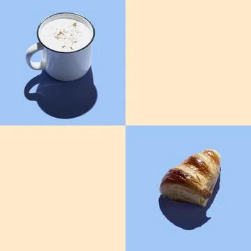 Pattern with croissants and coffee mug at minimal background. Stock Photos