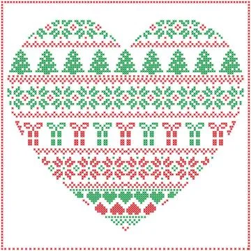 Pattern cross stitch heart shape in green and red Stock Illustration