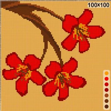 Pattern for cross-stitch or knitting a branch with bombax flowers Stock Illustration