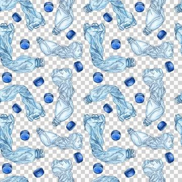 Pattern of crumpled plastic bottles and corks watercolor Illustrazione stock