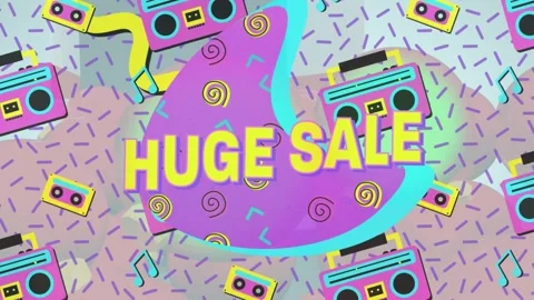 Pattern cue causing purple shape sliding, yellow HUGE SALE text growing retro Stock Footage 326974047