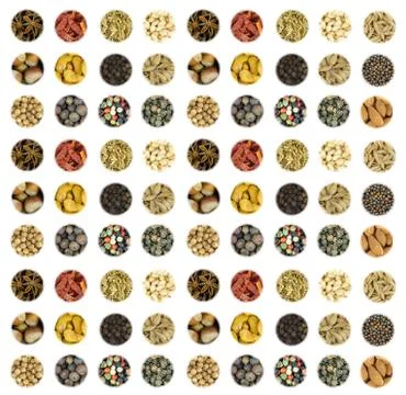 Pattern culinary set a series of round icons of spices base vertical base dry Foto stock