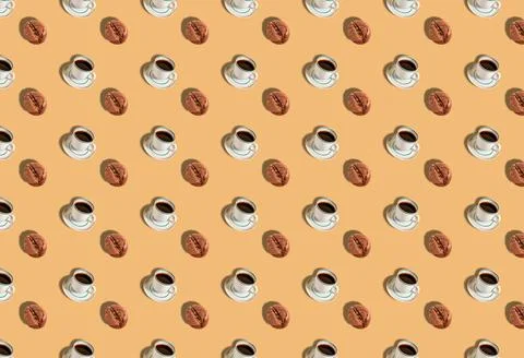 Pattern the Cup of coffee and roasted beans on a beige background. Template o Stock Photos
