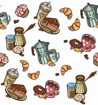 Pattern with cup of coffee, croissants . Vector イラスト素材