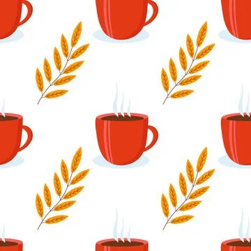 A pattern of a cup of tea and twigs with leaves to use as a background Stock Illustration