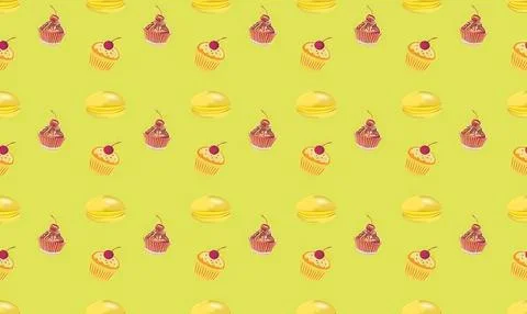 Pattern of cupcakes and cakes on a bright yellow background Stock Illustration