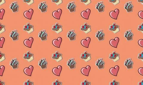 Pattern with cupcakes and hearts on peach background Stock Illustration