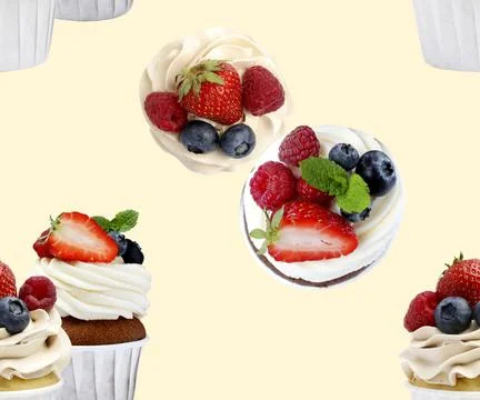 Pattern of cupcakes with berries on beige background Stock Photos