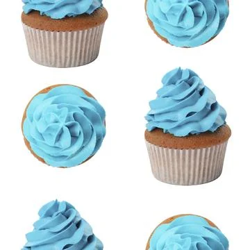 Pattern of cupcakes with blue cream on white background Stock Photos