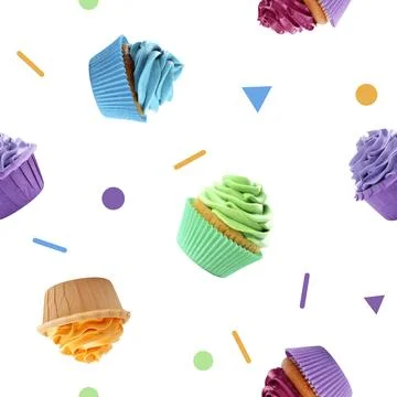 Pattern of cupcakes with bright cream and confetti on white background Stock Photos