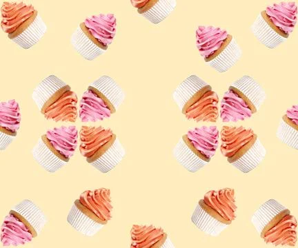 Pattern of cupcakes with bright cream on beige background Stock Photos
