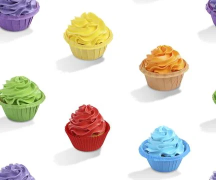 Pattern of cupcakes with bright cream on white background Stock Photos