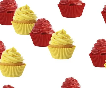 Pattern of cupcakes with bright cream on white background Stock Photos