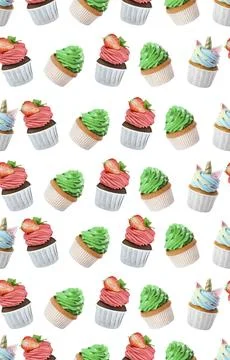 Pattern of cupcakes with bright cream on white background Stock Photos