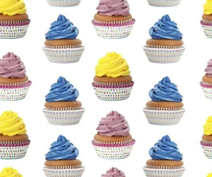 Pattern of cupcakes with bright cream on white background Stock Photos