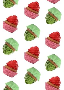Pattern of cupcakes with bright cream on white background Stock Photos