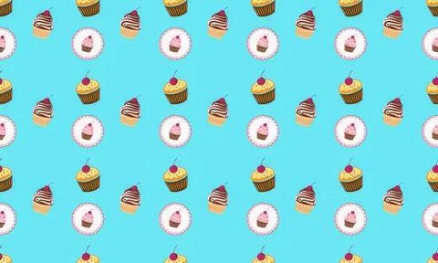 Pattern of cupcakes with pink icing and cherries on blue background Stock Illustration