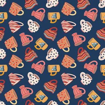 Pattern with cups and mugs. Cute ceramic tableware Stock Illustration