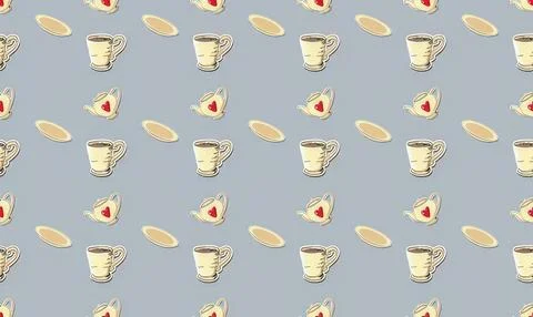 Pattern of cups and slices of cake on light gray background Stock Illustration
