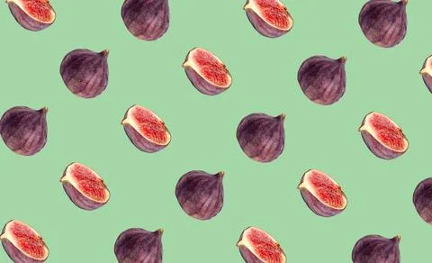 Pattern of cut and whole figs on pale green background Stock Photos