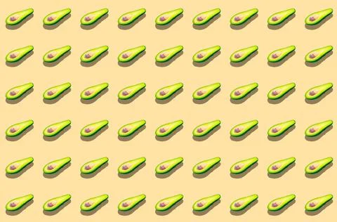 A pattern with a cut-off half of an avocado with a bone on a beige background Stock Illustration