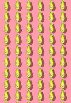 A pattern with a cut-off half of an avocado with a bone on a pink background. Stock Illustration