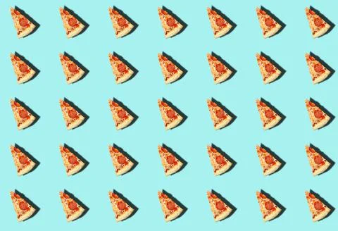 A pattern with a cut slice of pizza with a shadow on a turquoise background. Stock Photos