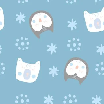 A pattern of cute bears and owls with abstract elements on blue background Stock Illustration