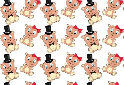 Pattern of cute, beautiful, brown bear girl and boy with big head and blue ey Stock Illustration