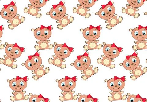 Pattern of cute, beautiful, brown, kind, childish, smiling bear girl with big Stock Illustration
