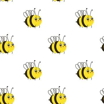 Pattern with cute cartoon bees on a white background. Stock Illustration