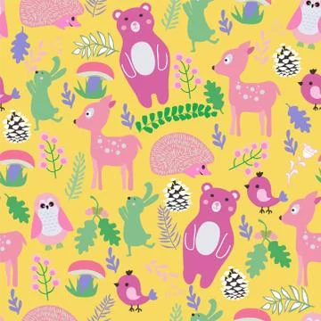 Pattern with cute cartoon forest animals baby shower background. Stock Illustration