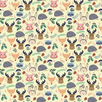 Pattern with cute cartoon forest animals on beige background. Stock Illustration