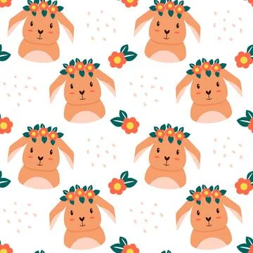 Pattern with cute cartoon rabbit and flowers. Seamless pattern Stock Illustration