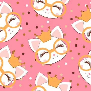 Pattern with cute cat face with a gold glitter glasses and crown. Pattern wit Stock Illustration