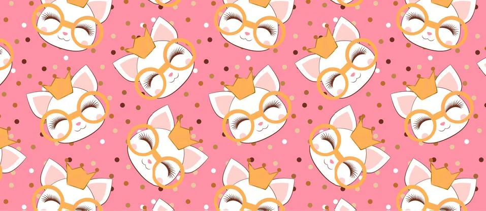 Pattern with cute cat face with a gold glitter glasses and crown. Pattern wit Stock Illustration