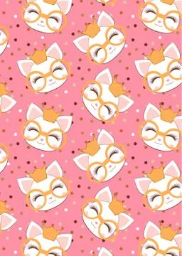 Pattern with cute cat face with a gold glitter glasses and crown. Pattern wit Stock Illustration