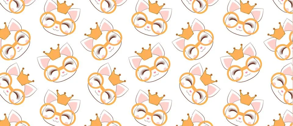 Pattern with cute cat face with a gold glasses Stock Illustration