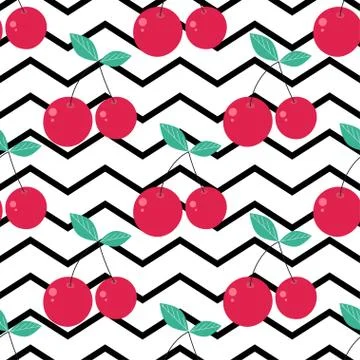 Pattern with cute cherries on stripes Stock Illustration