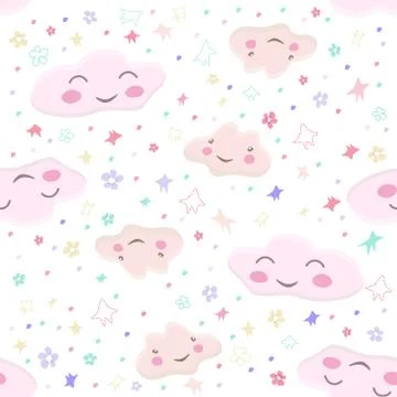 Pattern with cute cloud characters, heart pierced by an arrow, stars and flow Stock Illustration