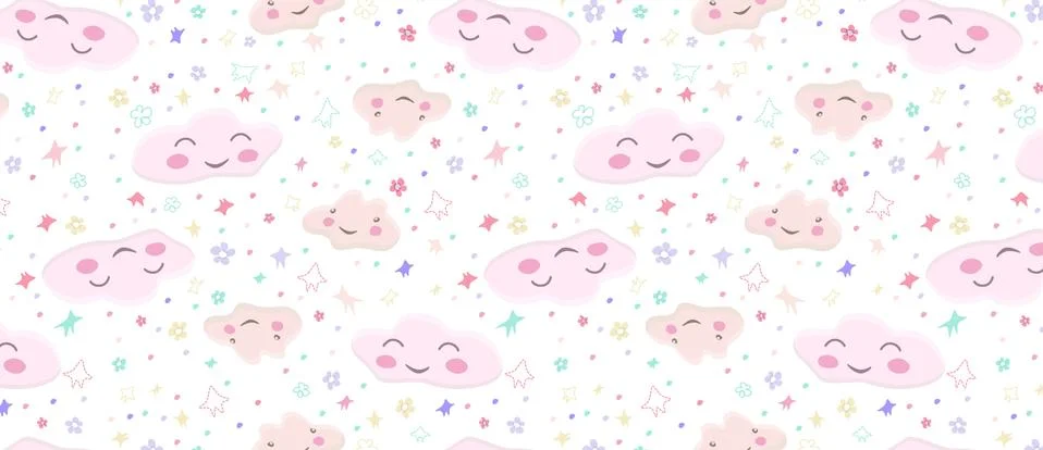 Pattern with cute cloud characters, heart pierced by an arrow, stars and flow Illustrazione stock