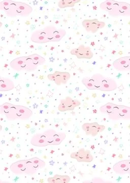 Pattern with cute cloud characters, heart pierced by an arrow, stars and flow Stock Illustration