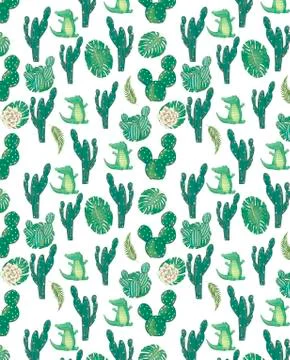 Pattern with cute Croc Dandy and cactus Watercolor animal. Cute baby greeting Stock Illustration
